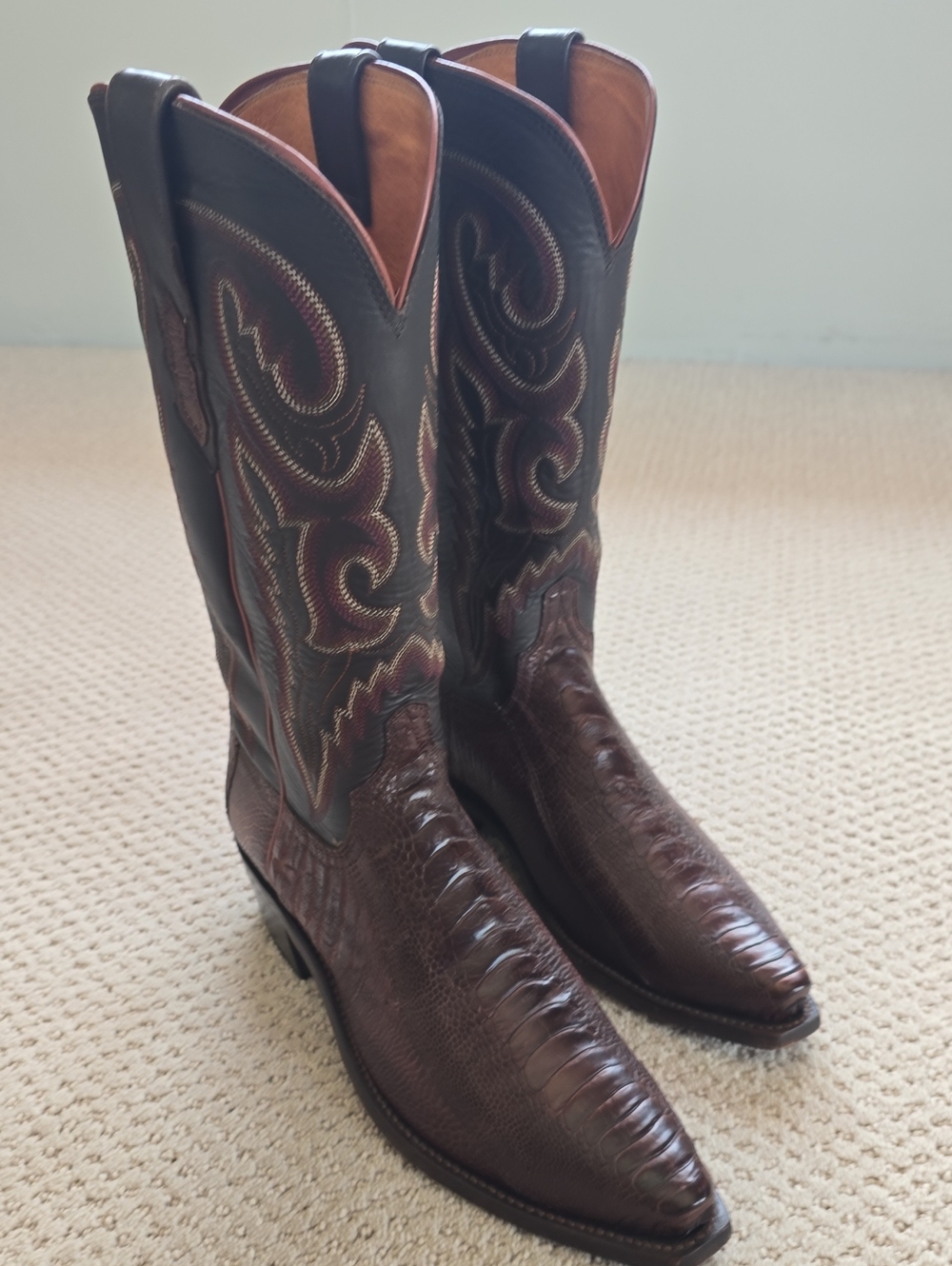 Lucchese Men's Dark Brown Ostrich Western Boots with Brown Shaft